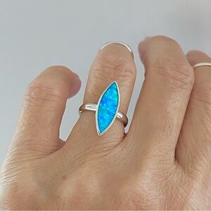 Sterling Silver Long Diamond Shape Blue Lab Opal Ring, October Birthstone Rings